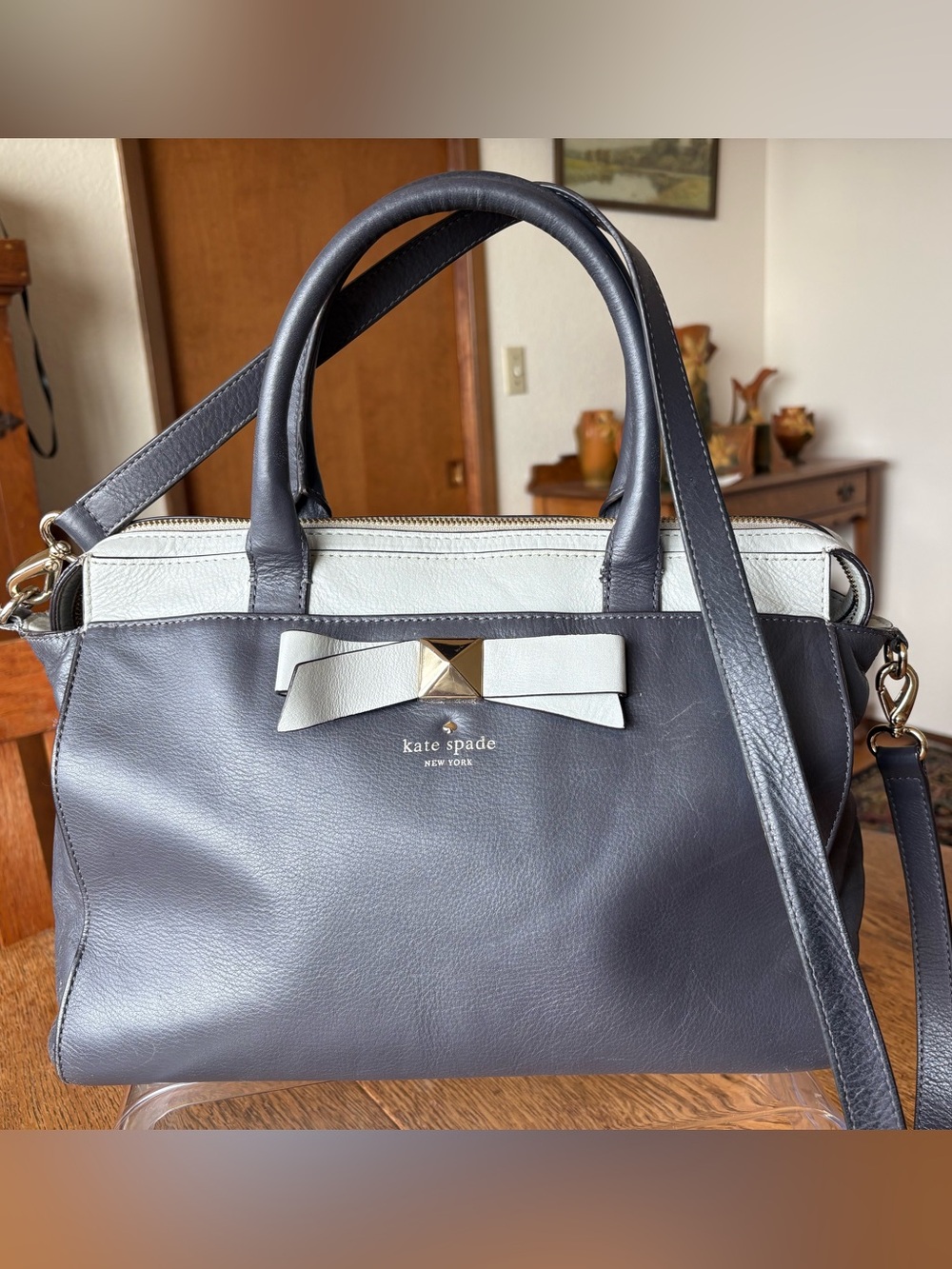 kate spade Hancock Park Jeanne Blue Cream Leather Satchel with Bow Accent